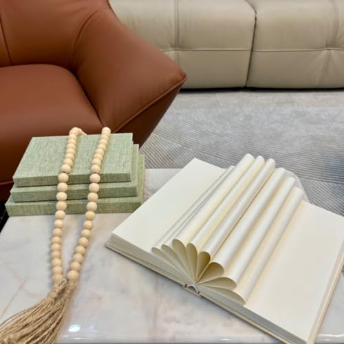Linen Covered Decorative Books 4 Pieces, Neutral Home Decor Coffee Table Books with Wooden Beaded Tassel, Stacked Books for Rustic Farmhouse Modern, Boho, Bookshelf, Fireplace Mantel Decor, Sage - color: Sage