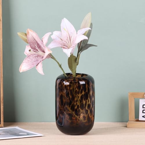 Amber Brown Glass Vase – Round Art Glass Vase with Tortoise Shell Pattern, Hand Blown Wide Mouth Decorative Centerpiece for Living Room, Dining Table or Entryway Home Decor - size: Small