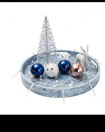 PEMAR 12.6” Mother of Pearls Lacquer Inlaid Round Serving Tray with Handles, Round Decorative Nacred Wooden Ottoman Coffee Table Tray (Blue Tiles) - color: Blue Tiles