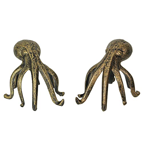 Pair of Antique Gold Cast Iron Octopus Bookends - Nautical or Coastal Decorative Home Decor and Organizational Accent - 6.25 Inches Long - Beach Themed - color: Octopus - Gold Pair