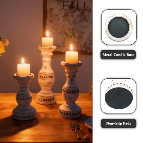 Candle Holder for Pillar Candle Set of 3, Farmhouse Solid Wood Candle Holder, Rustic Wooden Candle Stand, Vintage Small Wooden Candlestick Holders Decorative for Living Room, Table Centerpiece - color: Antique White