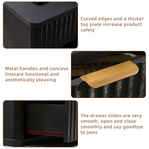 LEYAOYAO 31" Wide Fluted Nightstand with Charging Station, Oversized Extra Large 1 Drawer Night Stand with Golden Handle, Black Wood Bedside Table Tall End Tables,for Bedroom, Living Room, Hallway - color: Black, size: 1 Drawers