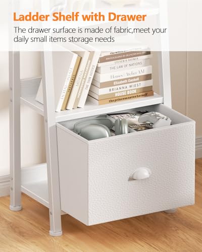 Furologee 6 Tier Ladder Shelf,Ladder Bookshelf with Drawer,Modern Tall Bookcase,Storage Rack Organizer,Wood Metal Freestanding Shelves for Living Room, Home Office, Bedroom, White - color: White, size: 6-Tier, 15" W