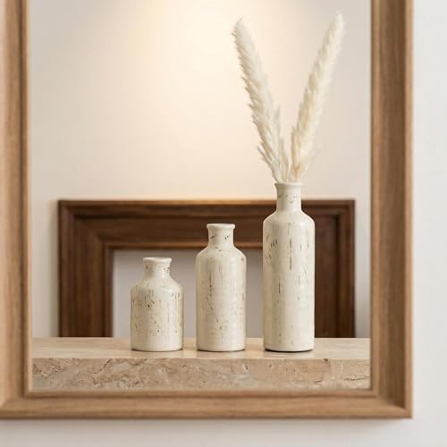 Vintage Ceramic Flower Vase Set of 3, Rustic Farmhouse Vase for Home Decor, Distressed Decorative Vase for Table Entryway Mantel Centerpiece Living Room Bathroom Bedroom (Cream Stripe) - color: 113-cream Stripe