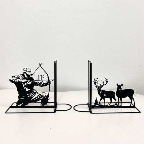 Craftnameisgn Custom Deer Hunting Metal Bookends for Shelves Decorative, Hunter Book Ends Metal Art for Home Office, Book Stopper for Heavy Books, Hunting Book Shelf Holder - color: Design 04