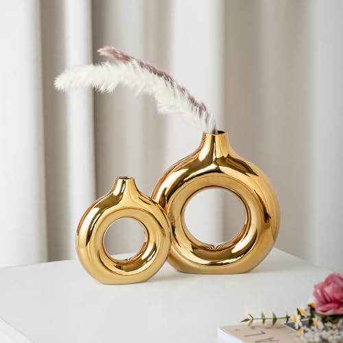White and Gold Donut Vase, Modern Ceramic Vase for Pampas Grass, Perfect Centerpiece for Weddings, Living Room, and Office Decor (Full Gold, Set(S+L)) - color: Full Gold, size: SET(S+L)