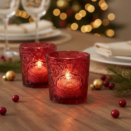 12 Pack Mandala Embossed Glass Candle Holders – Votive Tealight Holders with Patent Design, Decorative Embossed Glass Cups for Wedding Centerpieces, Parties, and Home Décor (Wildberry Red) - color: Wildberry Red