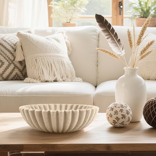 10'' Scalloped Decorative Key Bowl for Entryway Coffee Table - Catchall Trinket Large Candy Fruit Purse Holder Kitchen Countertop Console Modern Home Decor, Artificial Stone Beige - color: Beige