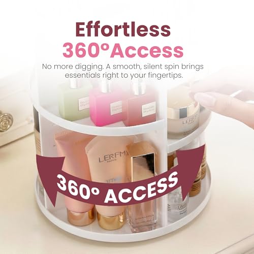 Masirs 360 Rotating Makeup Organizer for Vanity, Adjustable Shelf Height, Large Capacity Cosmetic and Skincare Storage, Lazy Susan Perfume Organizer for Dresser, Bathroom Countertop, White - color: White