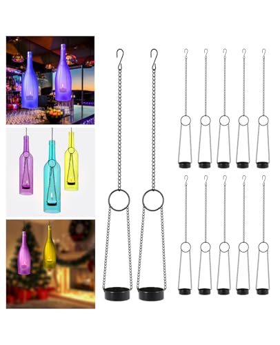 AceList 12-Pack Black Wrought Iron Hanging Wine Bottle Candle Holders - Outdoor and Indoor Tea Light Cup Holders for Cut Wine Beer Liquor Whiskey Alcohol and Champagne Bottles - color: Chain Hanging Holder - Black, size: Pack of 12