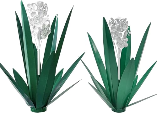 Metal Agave Plant Garden Art, 2 Pack Tequila Rustic Sculpture, Rustic Metal Agave Plants for Yard Stakes, Garden Figurines, Outdoor Patio (2 PCS White Flowers) - color: 2 Pcs White Flowers