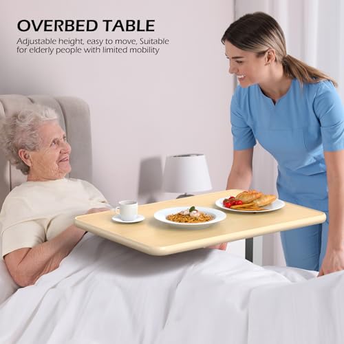 WOTURE Adjustable Overbed Table with Wheels, Pneumatic Height Adjustment, Ideal for Hospital Use or At Home as Bed Tray, Standing Desk, Bedridden & Mobility Needs, Maple - color: Maple