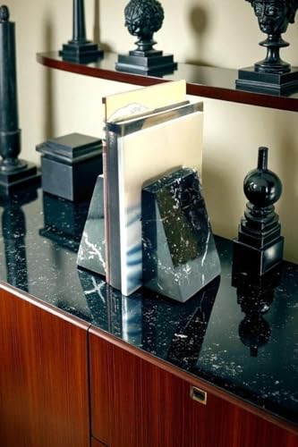 Solid Black Marble Bookends - Set of 2 Heavy-Duty Luxury Bookends for Modern Shelves