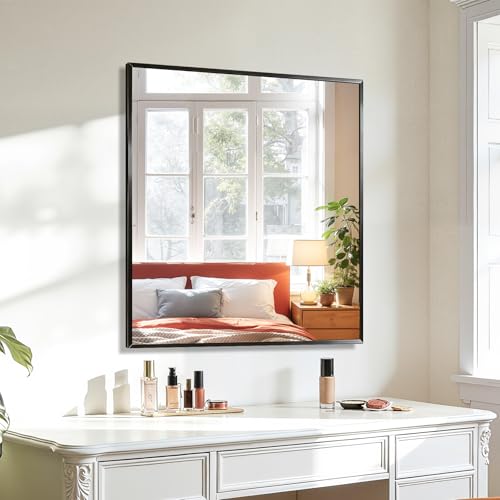 Koonmi Bathroom Mirror for Wall, 28"x32" Black Bathroom Mirror for Over Sink, Shatterproof Tempered Glass Vanity Mirror with Anti-Rust Aluminum Alloy Frame, Hang Horizontally or Vertically - color: Square Edged, size: 32"L x 28"W