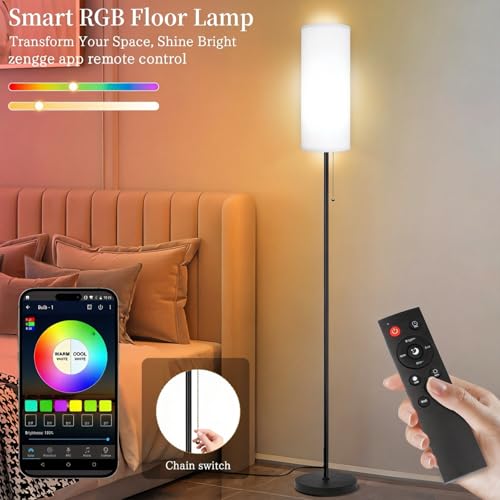 Floor Lamps for Living Room RGB Color Changing Bulbs Dimmable Color Brightness Modern Standing Lamp Remote Control Tall Lamp Chain Switch for Bedroom Office 9W LED Bulb Included, White Shade RGB Bulb - color: White Shade+RGB Bulb