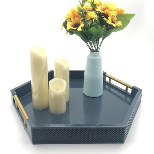 Serving Tray with Polished Metal Handles, Hexagon Coffee Table Tray, Modern Rectangle Decorative Tray, Large Ottoman Tray, Perfect for Storage and Display (Blue Hexagon) - color: Blue Hexagon
