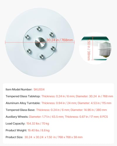 VEVOR 30 in Glass Lazy Susan Turntable, Tempered Glass Dining Table Centerpiece with 6 Rotating Wheels, 360° Smooth and Silent Spin Tabletop Rotating Tray, for Family Gatherings, Banquets & Weddings - size: 30 "