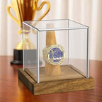 Hooqict Championship Ring Display Case Clear Acrylic Ring Case Display Box UV Protected with Wood Base Stand for Sports Baseball Basketball Softball Football Single Ring Holder Coin Stand - size: 1 Pack