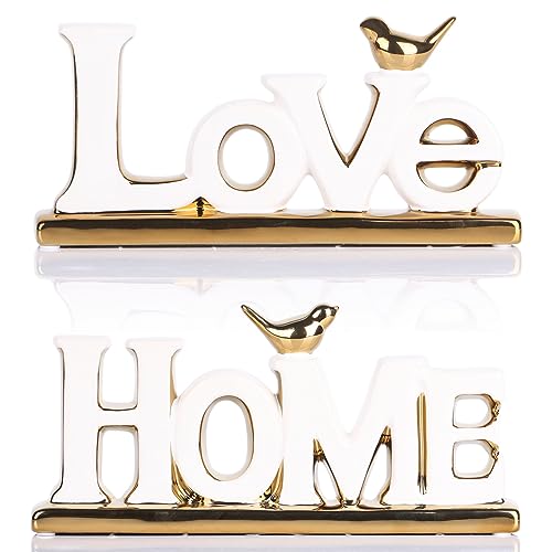 White and Gold Decor Statue - Home and Love Sign Decoration - Gold Bird with Home Sculpture - Figurine Decorative Ornaments for Living Room, Bedroom, Desktop, Cabinets - color: White+gold, style: 2 Pcs