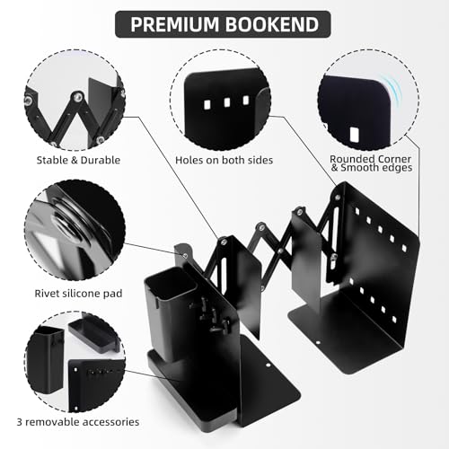 Adjustable Bookends, 19" Metal Book Ends for Heavy Books, 2 Dividers Bookends with Removable Pen Holder, Tray, and 3 Hook-up, Book Organizer for Office, School, Bookstore, Home - color: Black