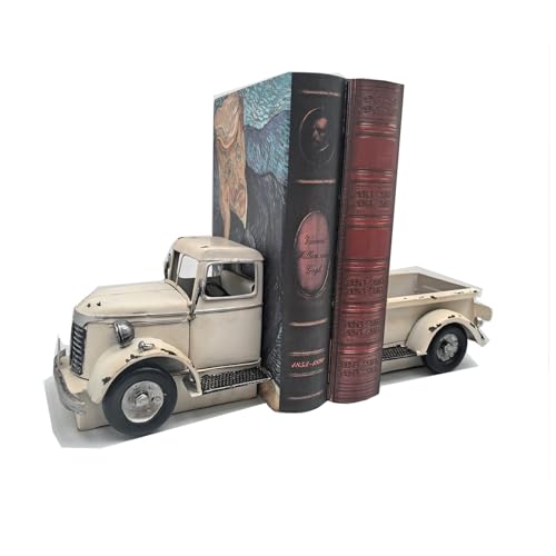 Decorative Book Ends Vintage Bookends: Metal Truck Book Stopper for Heavy Books - Farmhouse Decor for Shelf Table Coffee Bar Office Home - Gift for Adults Men Teen (Vintage White) - color: Vintage White