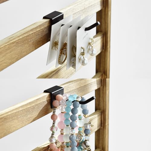 Ikee Design Free Assemble 2 Pcs Set Wooden Jewelry Display Rack with 20 Removable Metal Hooks/Each, Earring Display Holder Stand for Earring,Necklaces,Bracelet, Keychain Stand, Oak Color - color: b) Oak, 2 Pieces