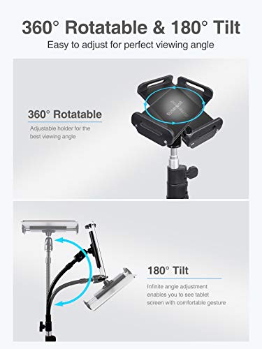 elitehood Metal iPad Tripod Stand & Adjustable 72’’ Gooseneck Tablet Floor Stand Holder, Heavy Duty Aluminum iPad Floor Stand for Pro 12.9 11, Mini, Air, iPhone and 4.7-12.9" Tablets Cell Phones - size: 4.7–13" · Side Clamp