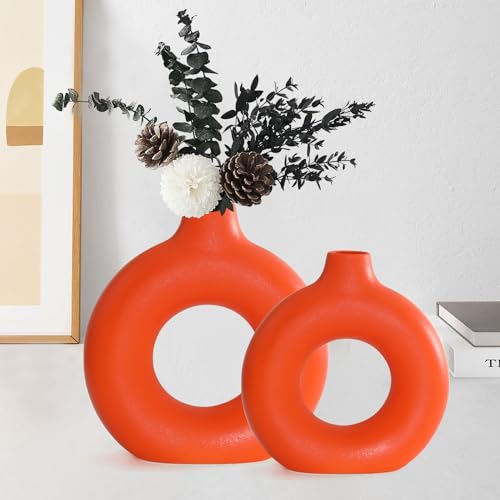Orange Ceramic Donut Vase Set of 2, Hollow Round Matte Pampas Flower Vases for Boho Home Wedding Party Room Dinner Table Shelf Decor.（Orange） - color: Orange, size: Donut Set of 2