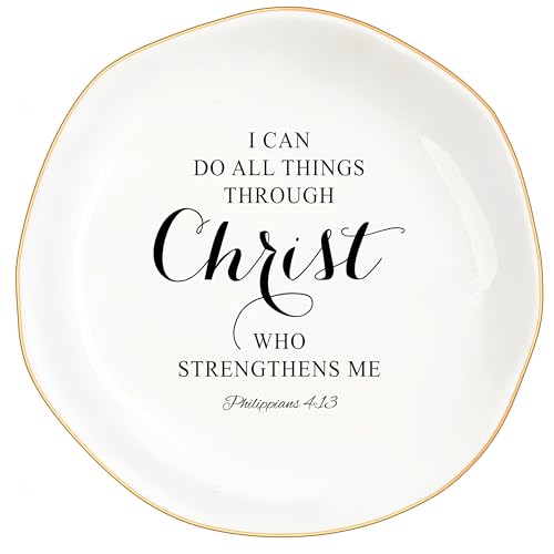 Christian Gifts for Women, Bible Verse Ceramic Jewelry Dish Trinket Ring Tray, Inspirational Floral Gift for Mom Sister Friend Birthday Christmas-I Can Do All Things Through Christ (White-Christ2) - color: White-Christ2