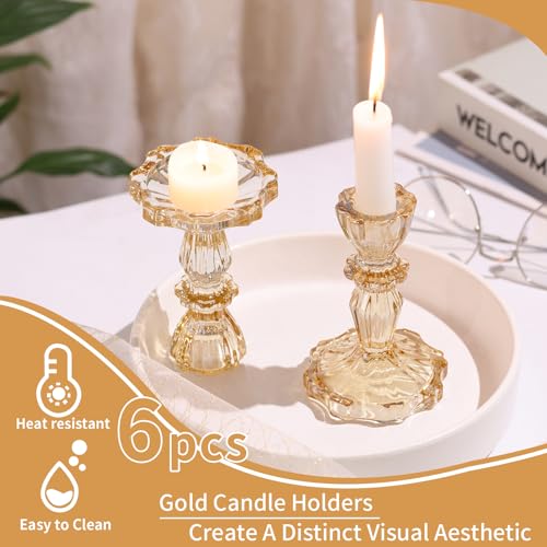 Glass Candlestick Holders Bulk, 6PCS Gold Taper Candle Holders for Table Centerpiece, Gold Tall Candle Stick Holder Stand for Wedding Decorations, Birthday, Christmas Table Decor - color: Gold, size: Flower