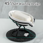 Dobbyby Leaf-Shaped Soap Dish – Premium Ceramic Soap Bar Holder with Self-Drainage System – Bar Soap Holder for Shower, Bathroom Sink, Kitchen – Waterfall Soap Dish with Stainless Steel Stand (Black) - color: Black
