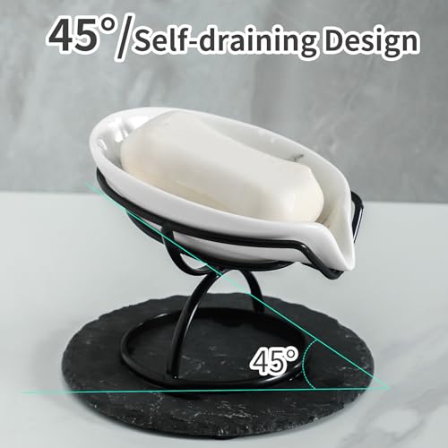 Dobbyby Leaf-Shaped Soap Dish – Ceramic Soap Bar Holder with Self-Drainage System – Bar Soap Holder for Shower, Bathroom Sink, Kitchen – Soap Dish with Stainless Steel Stand (White-Black-2 Pack) - color: White-black-2 Pack