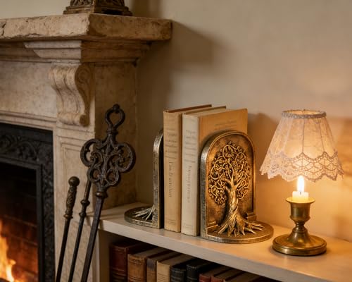 Tree of Life 3D Bookends with Intricate Details, Solid Resin Construction Non-Slip Design, Antique Gold Decor for Home Library, Office - color: Antique Gold