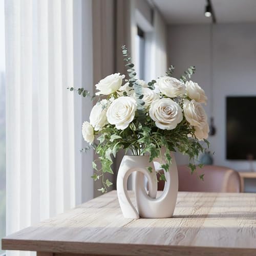 Ceramic Vase Set of 2 by DecoVlog, White Hollow Living Room Decor Vase, Minimalist Decorative Modern Boho Vase for Table Centerpiece Wedding Dining Living Room Office House Decoration - color: White