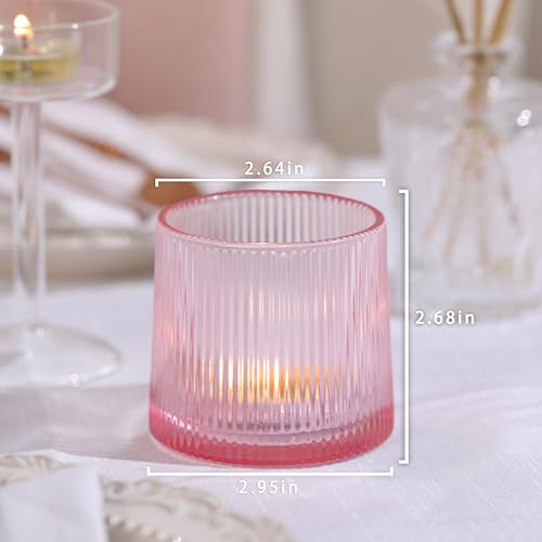 Pink Ribbed Tealight Votive Candle Holders Set of 10- Votive Candle Holders for Table Centerpiece, Tea Light Candle Holder Glass for Wedding and Home Decor, Blue Decor and Gifts - color: Pink, size: 10Pcs