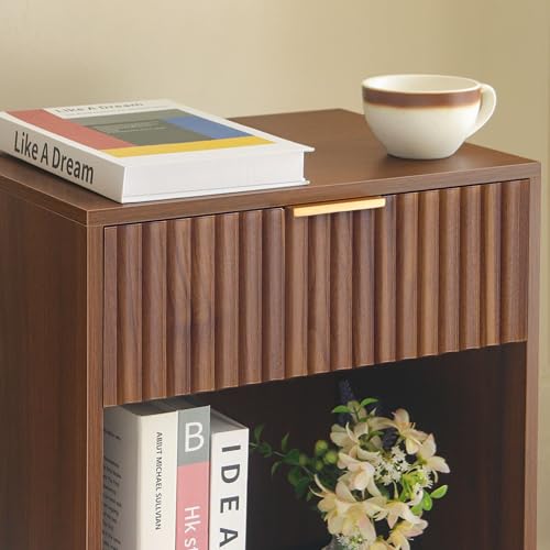 Fultyle Walnut Nightstand, Modern Night Stand with Fluted Drawer and Opening Storage, Wooden Bedside Table with Solid Wood Legs for Bedroom, Living Room, Office (Walnut Brown) - color: Walnut Brown
