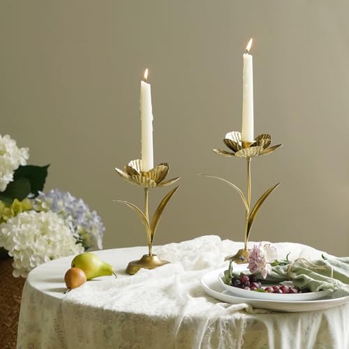 NIKKY HOME Tulip Taper Candle Holders Set of 2, Vintage Elegant Flower Shaped Metal Candlestick for Table Centerpieces, Wedding Decor and Dinner Party, Gold - color: Gold