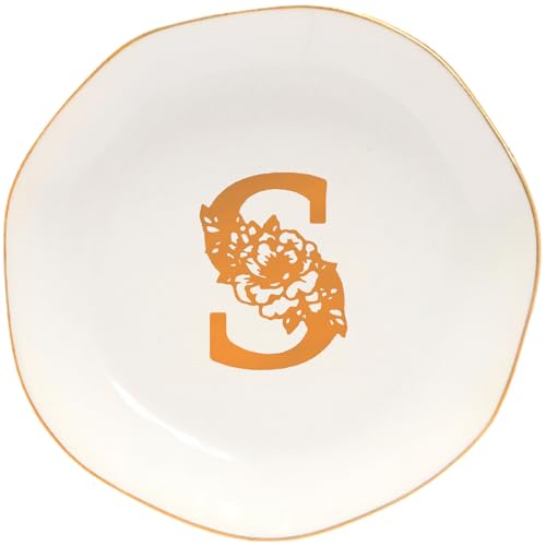 Ceramic Jewelry Tray Initial Ring Dish Personalized S-Monogrammed Engagement Wedding Gifts,Decorative Jewelry Holder for Friends,Sister,Birthday Mother's Day Christmas for Women,Ceramic White - style: S