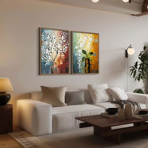 2 Piece Framed Canvas Art Prints Morning Glory Modern Abstract White Flowers Oil Painting Style Wall Floral Gallery Poster for Living Room Bedroom Office Decor Ready to Hang 24 x 16 Inch - color: Abstract White Floral Oil Painting, size: 24"x16"