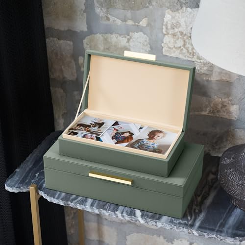 ZICOTO Decorative Storage Boxes with Lids – Set of 2 Beautiful PU Leather Organizer Bins for Your Bookshelf Home Decor - Safely Store Photos, Documents and Memory Box Keepsakes in Style - color: Sage