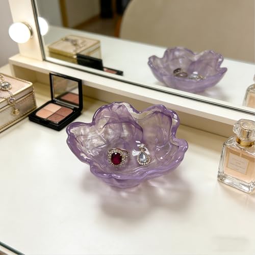 Flower Ring Dish Jewelry Tray, Glass Jewelry Dish Tray, Aesthetic Room Decor Small Trinket Dish, Nightstand Ring Holder Dish, Bathroom Jewelry Plate Bowl for Earrings (Watercolor Violet Purple) - color: Watercolor Violet Purple
