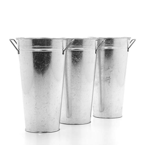 Hosley Set of 3 Galvanized French Bucket Vase with Handles 5" Dia x 9" H Ideal for Farmhouse Dried Floral Arrangements at Home for Weddings Gifts Spa and Aromatherapy Settings O5 - color: Galvanized 6