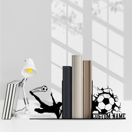Sports Themed Metal Bookends, Book Ends for Shelves, Office Desk, Cookbook Stand, CD Holder, Magazine Holder for Office Organization, Housewarming Gifts New Home (Soccer Design) - color: Soccer Design