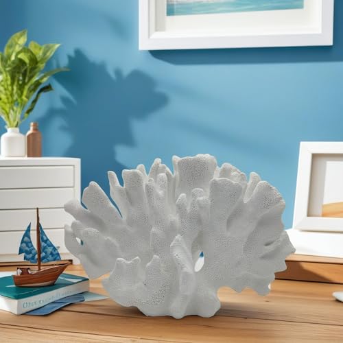 Etlemonde White Beach Coastal Fan Coral Decor Resin Statue - Faux Sea Coral Reef for Bathroom Shelf, Coffee Table, Nautical Minimalist Beach House Home Decor Accent - color: White-d