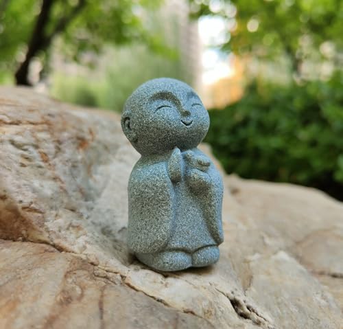 livelyfish 3pcs Japanese Monk Statue Praying Zen Sandstone Buddha Statues Asian Garden Sculptures for Good Luck Feng Shui Home Decor, A - color: A