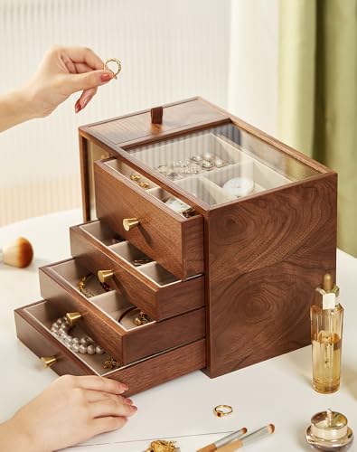 CHOSIN Black Walnut Wooden Jewelry Box for Women Classical Solid Wood 4-Layer Jewelry Organizer Double Sided Visibility Necklace Storage Layer Watch Necklace Ring Earring Mothers Day Gifts for Mom - style: 4 Layer C
