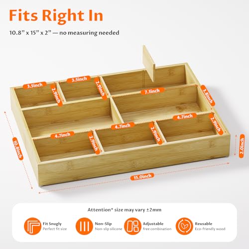 Bamboo Drawer Organizer with 9 Adjustable Compartments, Office Desk Organization Tray for Office Utensils, Supplies, Makeup, Jewelry, and More – Ideal for Desk or Drawer Storage - size: 9 Compartments