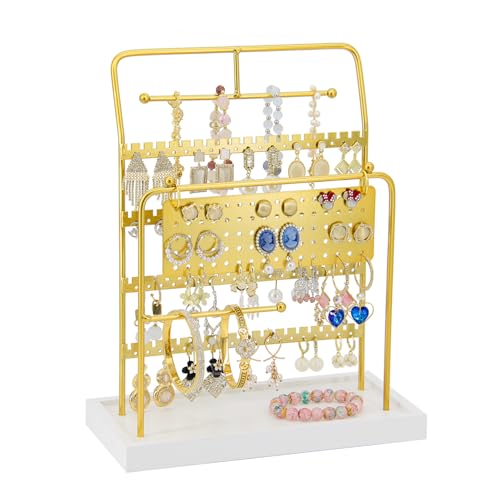 Jewelry Organizer Stand Metal Jewelry Display Rack with Wooden Tray Necklace Stand Partitioned Storage for Rings, Earrings and Bracelets Jewelry Rack(Gold) - color: Gold-White Tray