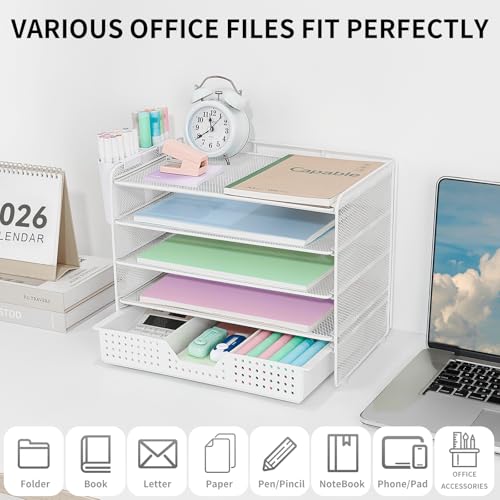 LEKETREE Desk Organizer and Accessories, 5-Tier Paper Letter Tray Organizer with Drawer & 2 Pen Holders for Desktop File Organization, Office Desk Accessories for Supplies Storage (White) - color: White, size: 12" x 8" x 10"