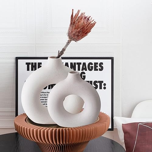 White Ceramic Donut Vase Set of 2, Hollow Matte Pampas Flower Vases for Boho Home Wedding Party Room Dinner Table Shelf Decor.（White） - color: White, size: Donut Set of 2